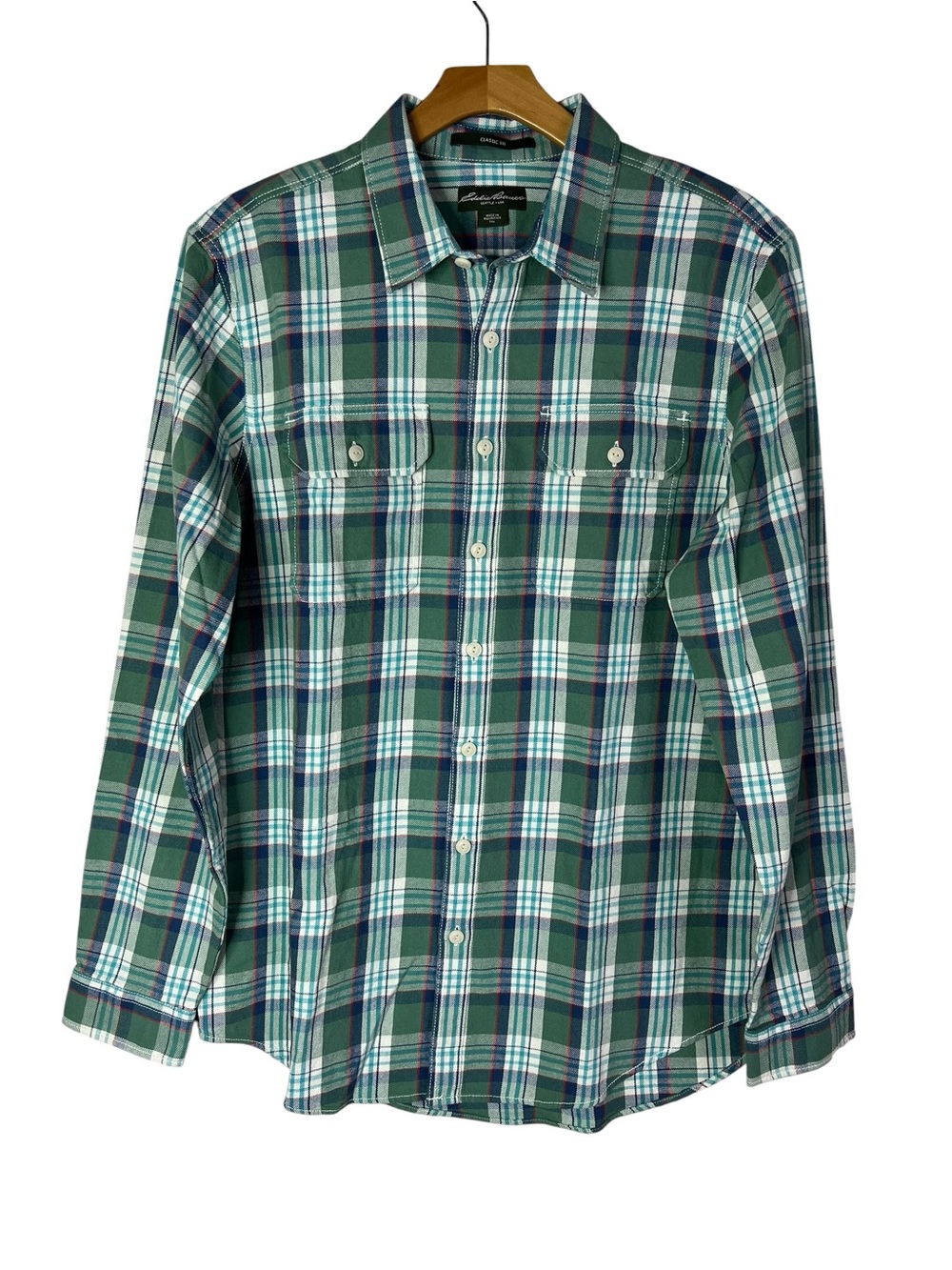 Eddie Bauer Classic Fit Green Blue Plaid Button Down Mens XLT